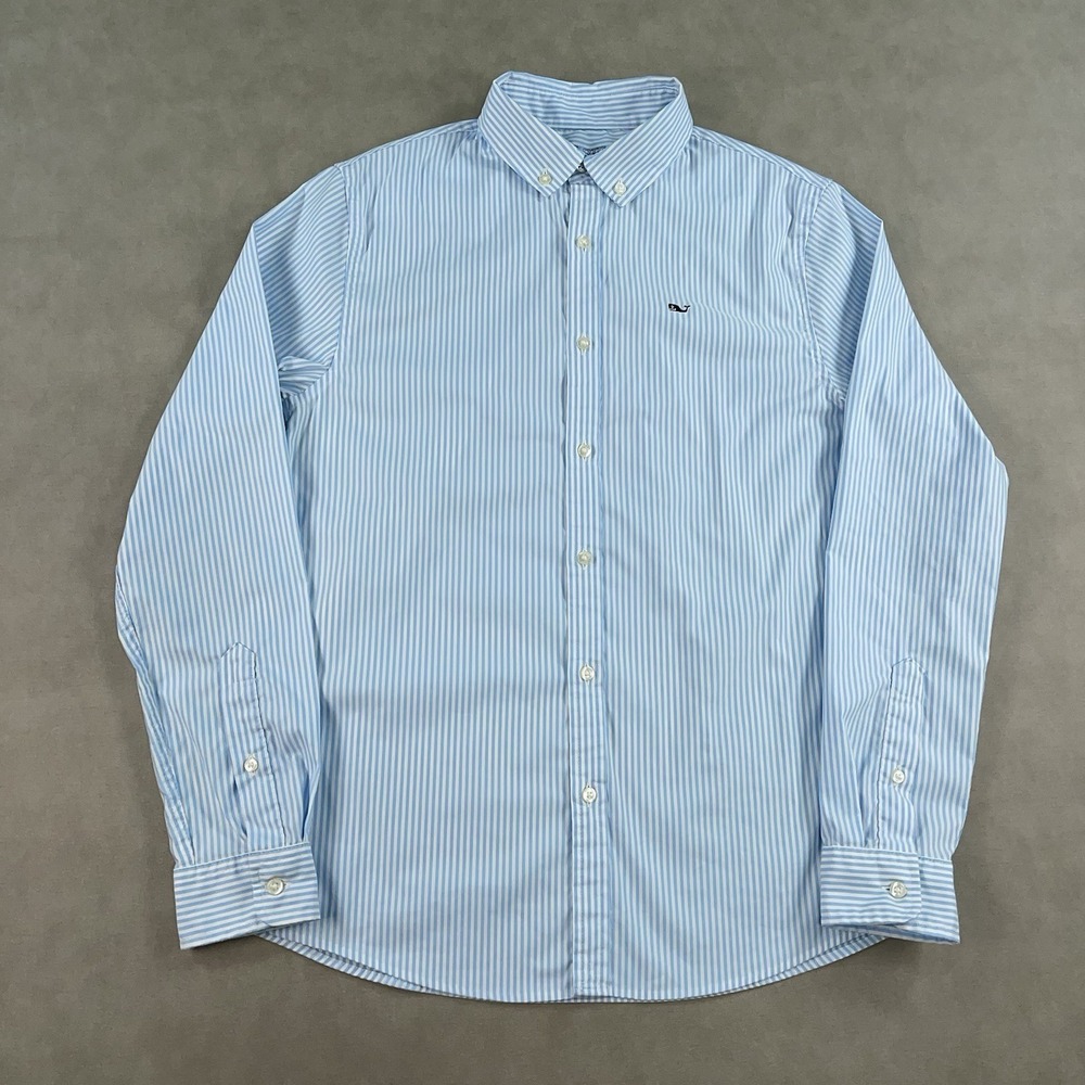 Vineyard Vines Shirt Boys Large Blue Striped On The Go Performance Button Up